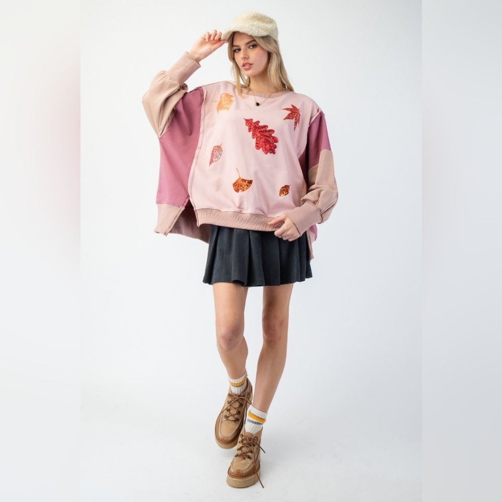 7-1118 *Boutique* Easel Color Block Sequin leaves Patch Boho Holiday Pullover - Picture 3 of 5